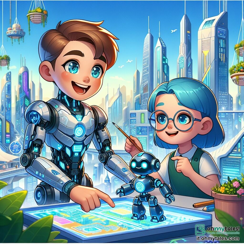 Une illustration sous forme de dessin destinée aux enfants représentant une ville futuriste aux gratte-ciels scintillants et aux jardins suspendus, où un garçon de 11 ans aux cheveux bruns et aux yeux pétillants, vêtu d'une combinaison technologique, travaille avec enthousiasme sur un robot amical à ses côtés, tandis qu'une fille aux cheveux bleus et aux lunettes rondes observe avec curiosité, le tout dans une ambiance d'innovation et de camaraderie, illustrant leur projet de création d'un robot pour aider les personnes âgées.