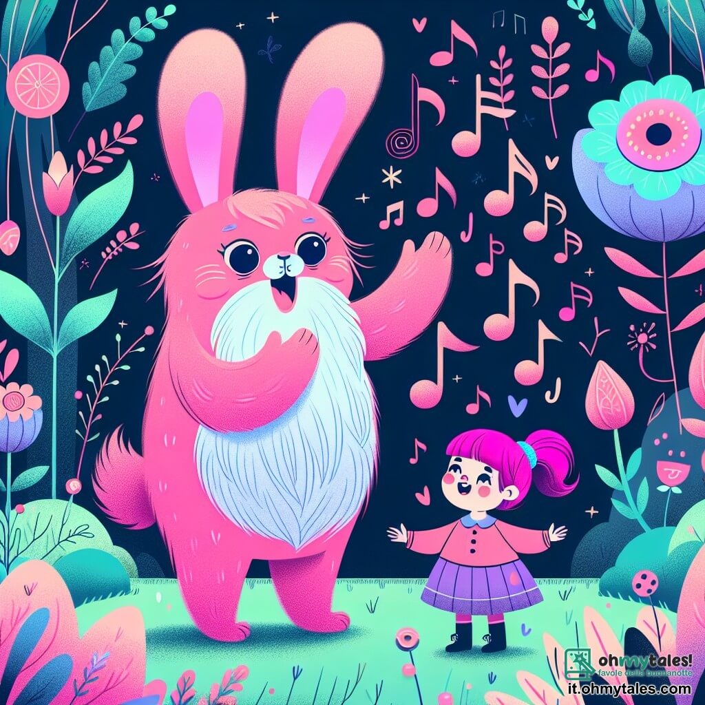 Une illustration destinée aux enfants représentant une fille aux cheveux roses fluo, un lapin géant rose qui parle, dans un jardin enchanté rempli de fleurs qui chantent et dansent.