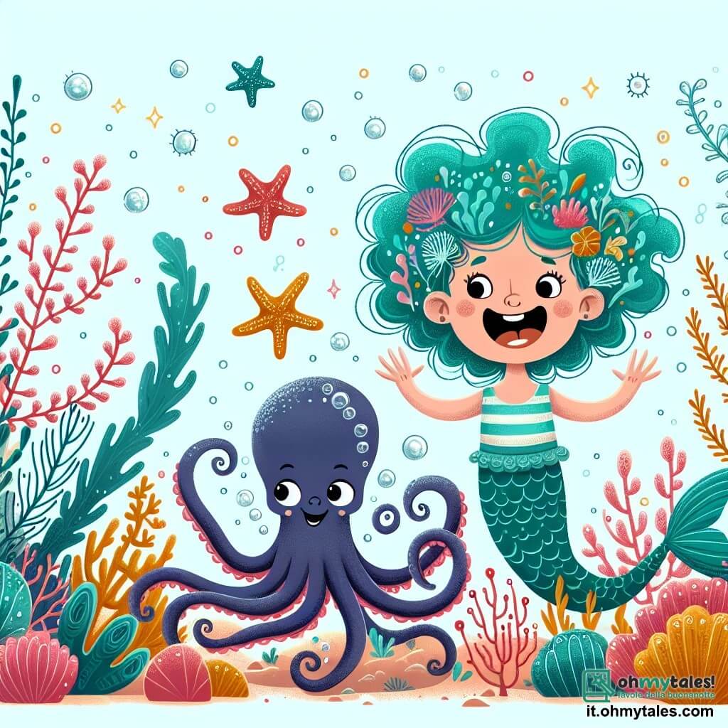 Une illustration destinée aux enfants représentant une sirène fillette aux cheveux turquoise, faisant une grimace rigolote, aidée par un poulpe farceur, dans un jardin sous-marin rempli de fleurs de corail chatoyantes et d'étoiles de mer dansantes.