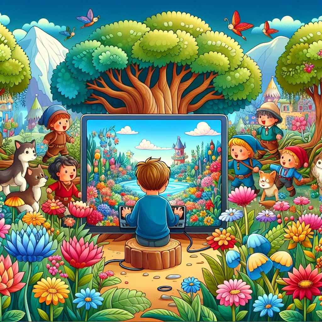 Une illustration destinée aux enfants représentant un jeune garçon curieux, plongé dans un monde virtuel, accompagné de ses amis, dans un jardin enchanté rempli de fleurs colorées et d'arbres majestueux.