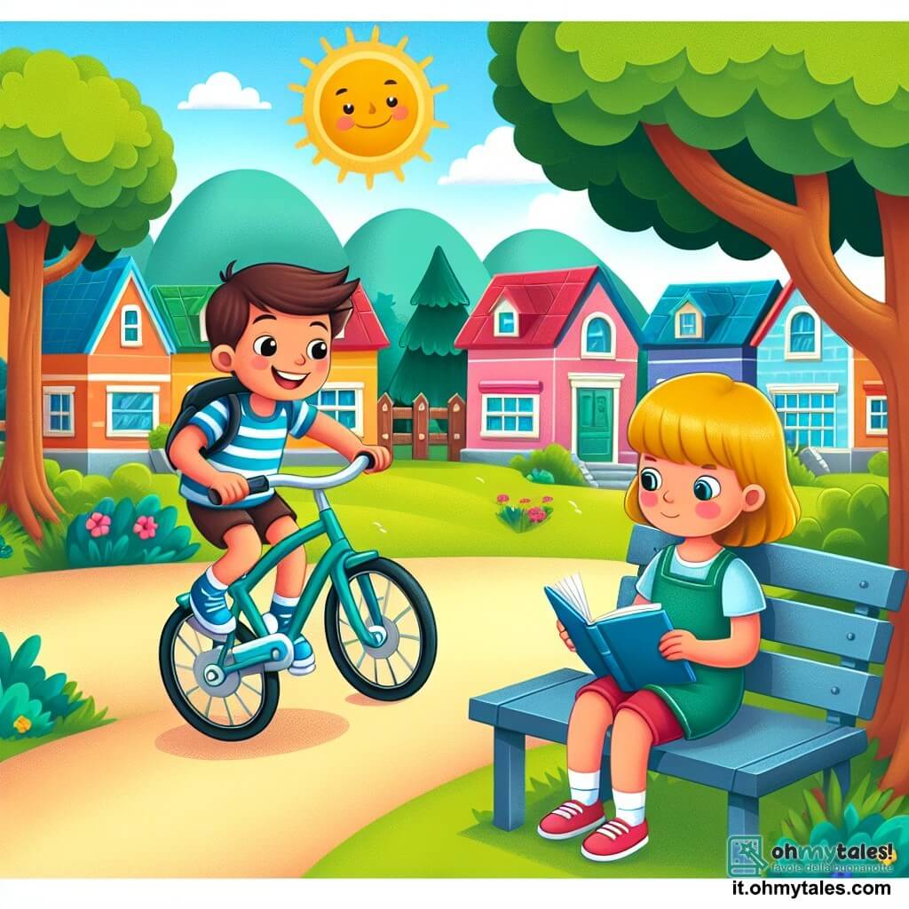 Une illustration destinée aux enfants représentant un garçon joyeux et curieux, faisant du vélo dans un bosquet ensoleillé, rencontrant une fille assise sur une panchina à lire un livre, dans un quartier aux maisons colorées et aux arbres verdoyants.