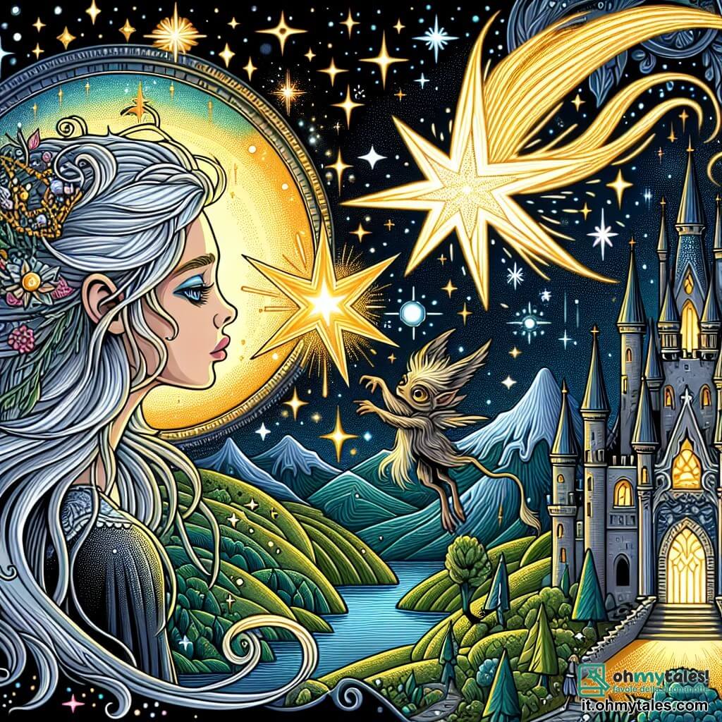 Une illustration destinée aux enfants représentant une femme aux cheveux argentés et aux yeux lumineux, confrontée à une étoile cadente brillant d'une lueur dorée, accompagnée d'une créature mystérieuse, dans un château incanté surplombant des collines scintillantes sous un ciel étoilé sur la planète magique de Stellara.