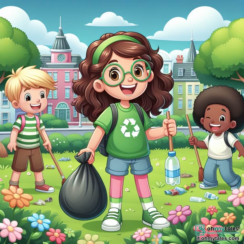 Une illustration sous forme de dessin destinée aux enfants représentant un parc verdoyant de Verdeville, rempli de fleurs colorées et d'arbres majestueux, où une fille de 11 ans aux cheveux bruns et bouclés, portant une t-shirt verte avec un slogan écologique, est en train de ramasser des déchets avec un grand sourire, entourée de trois amis : un garçon aux cheveux blonds et aux lunettes, qui tient un sac de collecte, une fille aux cheveux raides et noirs, qui montre un déchet qu'elle a trouvé, et un garçon aux cheveux châtains, qui rit en tenant une bouteille en plastique, tous unis dans un effort joyeux pour nettoyer leur parc et sensibiliser à la protection de l'environnement.