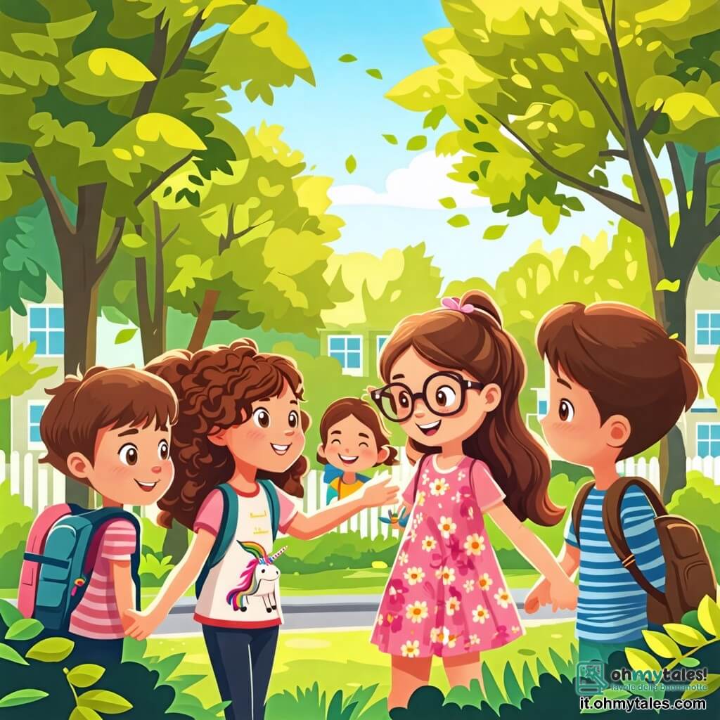 Illustrazione che rappresenta un cortile di scuola soleggiato, circondato da grandi alberi con foglie verdi brillanti. Al centro, un gruppo di quattro bambini si tiene insieme, mostrando sorrisi calorosi. Due ragazze, di circa 10 anni, sono in primo piano. Una ha capelli ricci e castani, indossa una maglietta colorata con un motivo di unicorno e tende la mano verso un'altra ragazza con capelli lunghi e lisci, raccolti in una coda di cavallo, vestita con un abito a fiori. La terza ragazza, leggermente in disparte, ha occhiali rotondi e una maglietta a righe, osserva con uno sguardo incoraggiante. Un ragazzo, di circa 10 anni, si trova accanto a loro, con capelli corti e biondi, indossa un pantaloncino e una maglietta blu. Sorride e sembra pronto ad intervenire per sostenere gli altri. La situazione principale mostra i bambini che si radunano attorno a una compagna, visibilmente timida e triste, seduta su una panchina. Le tendono la mano, simboleggiando amicizia e sostegno contro il bullismo. Sullo sfondo, altri bambini giocano, ma l'accento è posto sul gruppo unito che mostra l'importanza della solidarietà. Disegni di cuori e parole gentili fluttuano intorno a loro, illustrando un messaggio di benevolenza e accettazione.