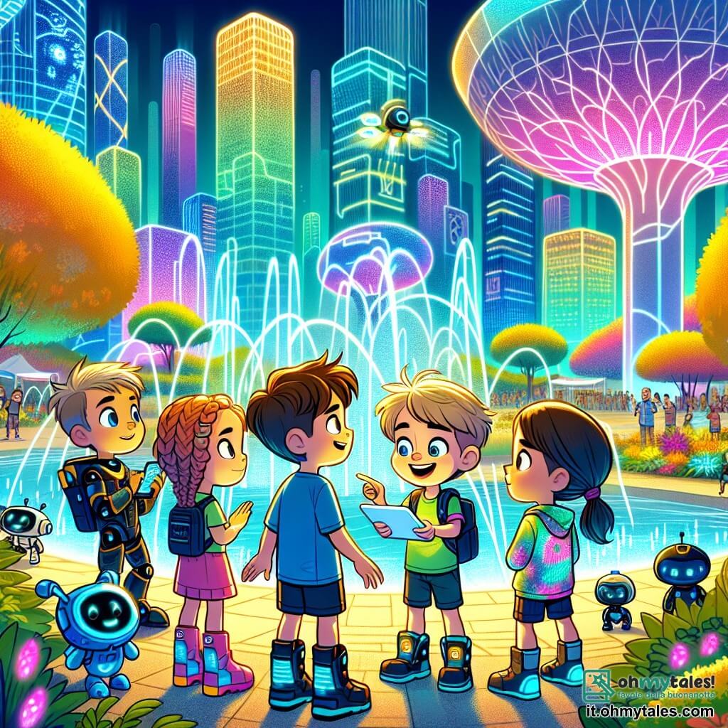 Illustrazione che rappresenta una scena vibrante nel parco centrale della città futuristica di Luminaris. Il parco è circondato da grattacieli scintillanti dalle forme organiche, con alberi dalle foglie luminescenti e fontane danzanti che proiettano getti d'acqua colorati nell'aria. Al centro, un gruppo di quattro bambini è riunito: un ragazzo di dieci anni con capelli castani arruffati, che indossa una maglietta blu e pantaloni corti, guarda con meraviglia un ologramma flottante; una ragazza di dieci anni con capelli biondi intrecciati, vestita con un abito rosa, sorride mentre indica una macchina futuristica; un ragazzo di dieci anni con occhiali e capelli neri, vestito con una felpa verde, prende appunti su un tablet; e una ragazza di dieci anni con capelli rossi, che indossa una maglietta a motivi colorati, osserva attentamente i droni giardinieri mentre potano le piante. L'atmosfera è gioiosa e piena di curiosità, con robot amichevoli che interagiscono con i bambini e schermi olografici che mostrano informazioni sulle tecnologie del futuro.