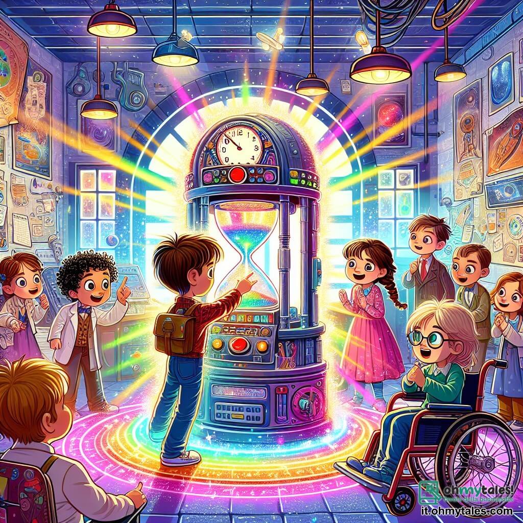 Illustrazione di un laboratorio di scienze colorato e luminoso, pieno di strane macchine e libri aperti. Le pareti sono tappezzate di poster di pianeti e invenzioni, mentre una grande finestra lascia entrare la luce del sole, illuminando la stanza con una dolce luminosità. Al centro dell'immagine, un ragazzo di circa 10 anni, con capelli castani arruffati e occhiali rotondi, si trova davanti a una macchina del tempo scintillante, premendo un grande pulsante rosso con un'espressione di eccitazione sul volto. Accanto a lui, una ragazza di 9 anni, con capelli biondi intrecciati e un sorriso radioso, guarda con meraviglia. Un ragazzo di 10 anni, con capelli neri e occhi scintillanti, indica la macchina, mentre una ragazza di 8 anni, in sedia a rotelle, li osserva con curiosità ed entusiasmo. La scena cattura il momento chiave in cui i bambini attivano la macchina del tempo, circondati da un'aura di colori vivaci e luci vorticosi, simboleggiando il viaggio nel tempo che li porterà verso avventure straordinarie. Elementi grafici aggiuntivi includono lampi di luce e stelle scintillanti attorno alla macchina, creando un'atmosfera magica e dinamica.