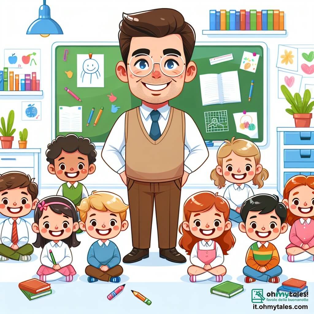 Une illustration destinée aux enfants représentant un instituteur bienveillant et souriant, entouré de ses élèves joyeux, dans une salle de classe lumineuse et colorée remplie de livres, de dessins et de plantes vertes.