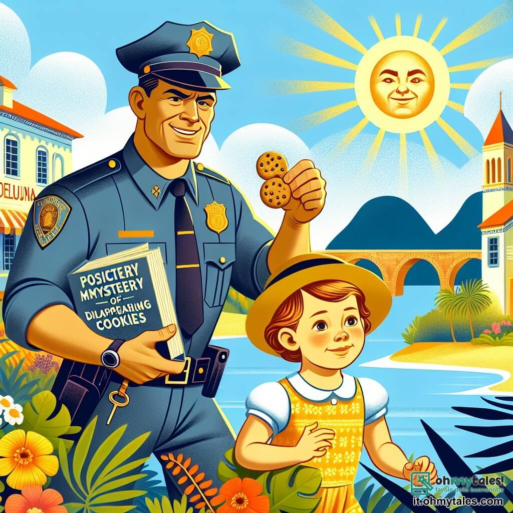 Une illustration destinée aux enfants représentant un policier robuste et sympathique, accompagné d'une fillette curieuse, résolvant un mystère de biscuits disparus dans la pittoresque ville ensoleillée de Soleluna.