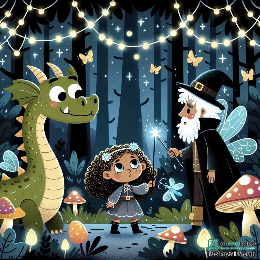 Une illustration destinée aux enfants représentant une petite fille aux cheveux bouclés et aux yeux pétillants, faisant équipe avec un dragon maladroit, affrontant un maléfique stregone dans une forêt enchantée remplie de lucioles lumineuses, de champignons géants et d'arbres aux feuilles scintillantes.