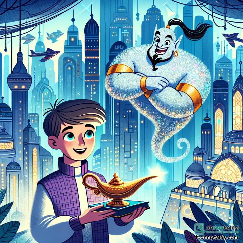 Une illustration destinée aux enfants représentant un jeune héros des temps modernes, vivant dans une ville futuriste remplie de gratte-ciels scintillants et de voitures volantes, qui découvre une mystérieuse lampe magique cachée dans une grotte enchantée, accompagné d'un génie géant aux multiples couleurs chatoyantes.