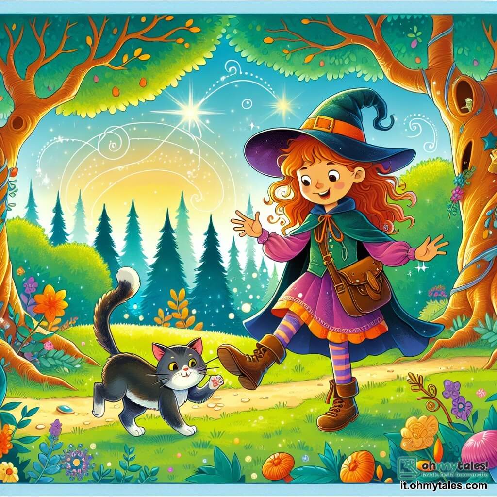 Une illustration destinée aux enfants représentant une jeune apprentie sorcière, une situation de quête magique, un chat malicieux et un bosquet enchanté aux couleurs chatoyantes et aux arbres dansants.