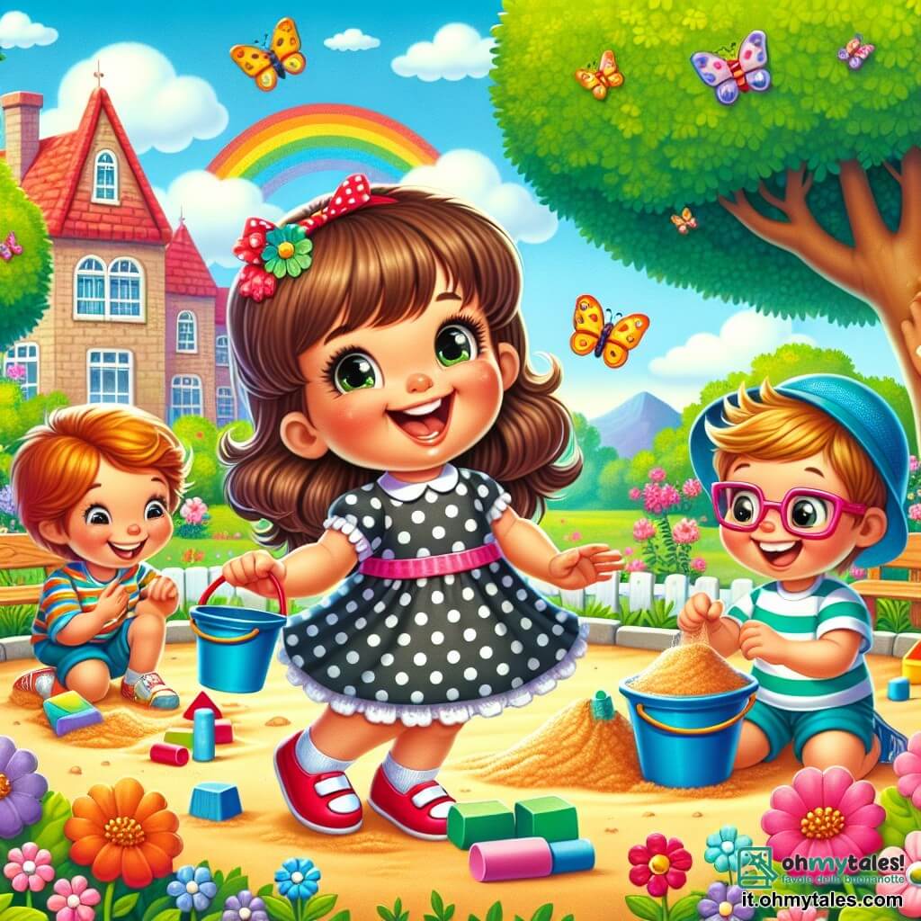 Illustrazione che rappresenta un gioioso giardino scolastico, pieno di fiori colorati e grandi alberi verdi. Al centro, una bambina di 5 anni, con capelli castani lucenti e occhi scintillanti, indossa un vestito a pois e scarpe rosse. Sta ridendo e giocando nella sabbiera, costruendo un castello di sabbia con entusiasmo. Accanto a lei, un bambino di 5 anni, con un cappello blu e una maglietta a righe, la aiuta a impilare secchi di sabbia, mentre un'altra bambina, anch'essa di 5 anni, con occhiali rosa e un vestito a righe colorate, disegna un arcobaleno sul pavimento con dei gessetti. L'atmosfera è piena di gioia e amicizia, con le risate dei bambini che fluttuano nell'aria e le farfalle che svolazzano intorno a loro.
