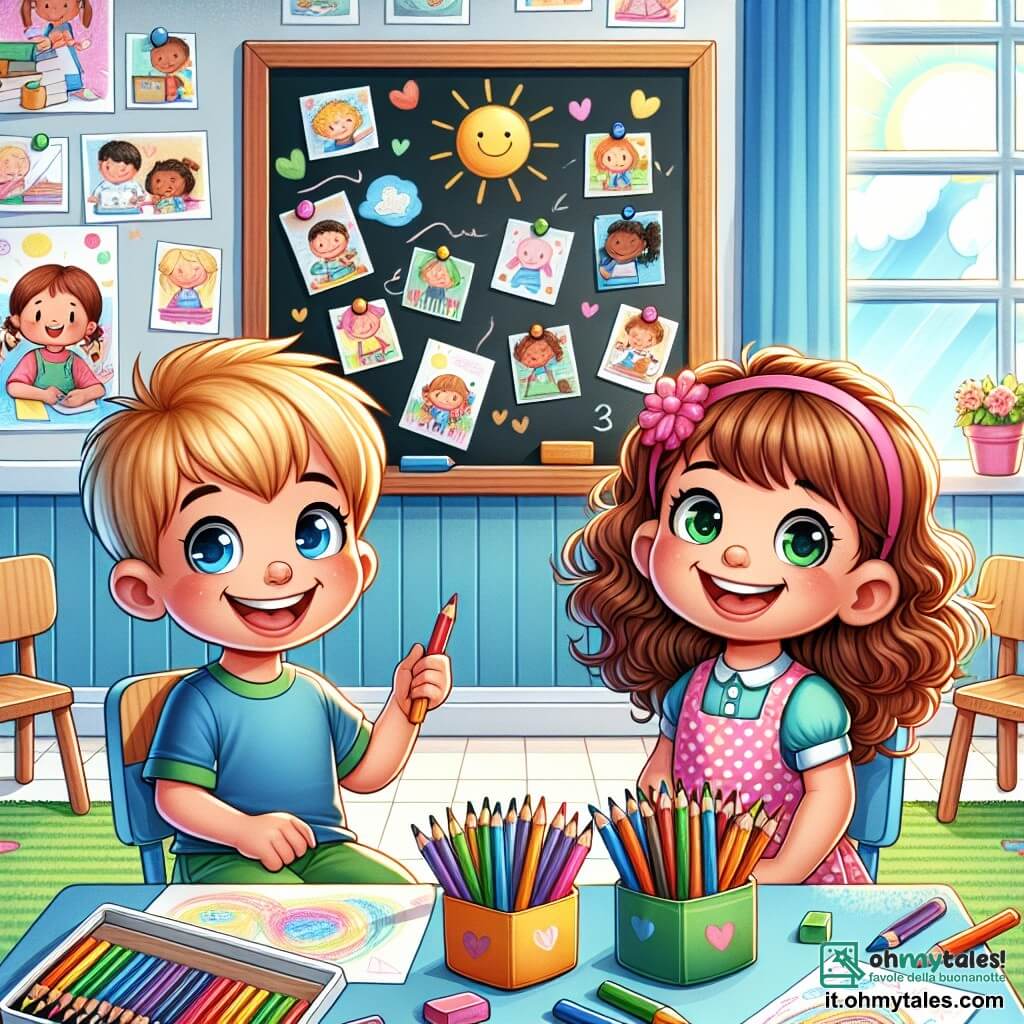 Illustrazione che rappresenta un'aula colorata e accogliente, con pareti decorate da disegni di bambini e finestre che lasciano entrare la luce del sole. Al centro, una lavagna nera sulla quale sono appesi i disegni degli alunni. Un bambino di quattro anni, con capelli biondi e occhi azzurri, è seduto a un tavolo, tenendo una scatola di pastelli. Indossa una maglietta blu e pantaloni verdi. Accanto a lui, una bambina di quattro anni, con capelli ricci e castani, sorride gioiosamente. È vestita con un vestito rosa a pois e tiene un foglio di carta su cui ha iniziato a disegnare. La scena mostra i due bambini che disegnano insieme, scambiandosi idee e ridendo, circondati da pastelli colorati e fogli di carta. Sul tavolo si vedono pastelli di tutti i colori, gomme e piccoli libri. Sullo sfondo, altri bambini giocano e si divertono, creando un'atmosfera gioiosa e dinamica.