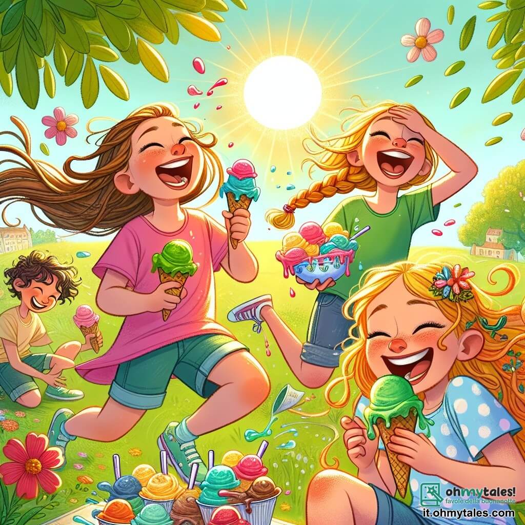 Illustrazione che rappresenta un grande prato verde, baciato dalla luce dorata del sole, con fiori colorati che danzano al vento. Al centro, quattro ragazze di dieci anni, tutte sorridenti e piene di energia. Una ha lunghi capelli castani e indossa una maglietta rosa, cerca di leccare un gelato che le cola sul naso. Un'altra, con capelli biondi intrecciati e pantaloni corti blu, ride mentre tiene un gelato mangiato a metà. La terza, con capelli ricci e vestita con un abito a pois, sta facendo un gesto teatrale, mentre l'ultima, con capelli rossi e una maglietta verde, osserva la scena ridendo a crepapelle. Le ragazze stanno affrontando la sfida di mangiare gelati con le mani legate dietro la schiena, creando un momento di caos gioioso. Schizzi di colori vivaci di gelato sono visibili attorno a loro, aggiungendo un tocco ludico all'illustrazione. Sullo sfondo, alberi frondosi e un cielo azzurro chiaro completano questa scena piena di vita e risate.