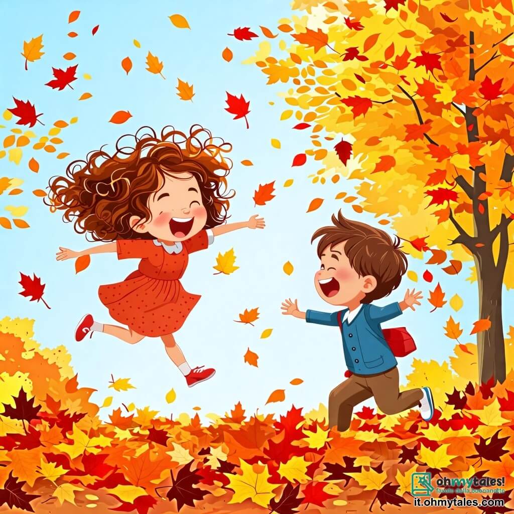 Une illustration sous forme de dessin destinée aux enfants représentant un parc en automne, avec des arbres aux feuilles jaunes et rouges, une petite fille de 2 ans aux cheveux bouclés et au sourire éclatant qui saute joyeusement dans une pile de feuilles colorées, tandis qu'un garçon de 3 ans aux cheveux bruns et aux yeux pétillants l'observe en riant, entourés de feuilles tombantes et d'un ciel bleu clair, capturant l'esprit ludique et joyeux de l'automne.
