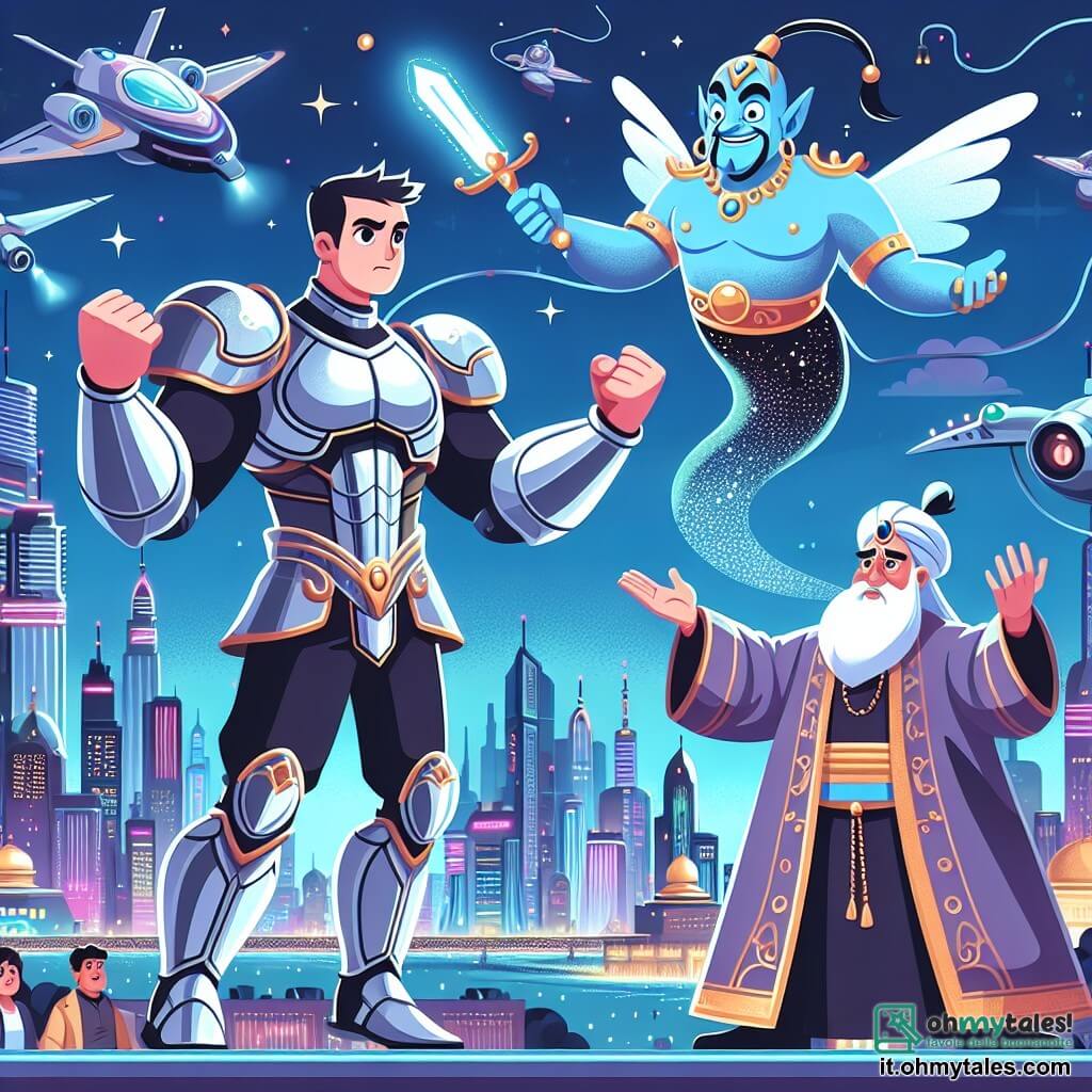 Une illustration destinée aux enfants représentant un homme au costume brillant affrontant un génie du mal avec l'aide d'un sage mentor dans la ville futuriste de Nova City, où les machines volent et les gratte-ciel scintillent de lumières colorées.