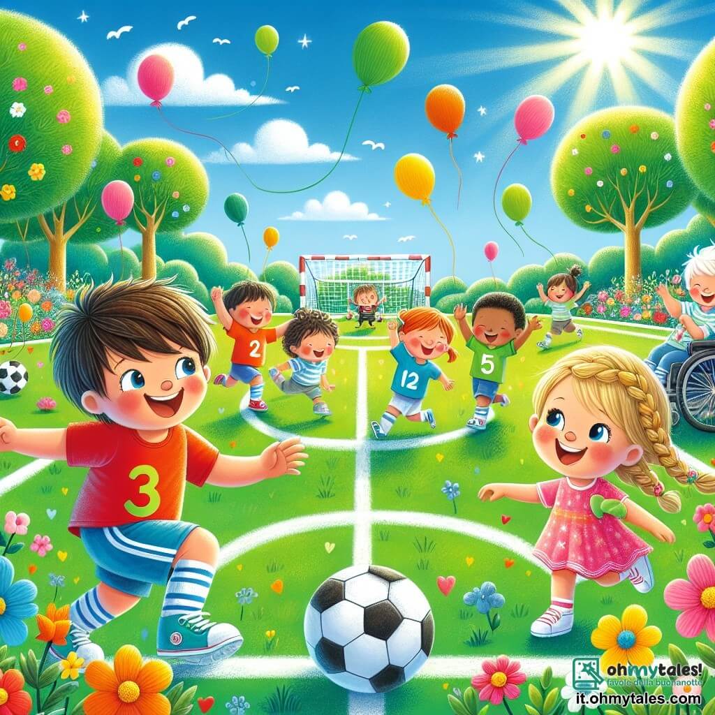 Illustrazione che rappresenta un parco colorato e soleggiato, pieno di fiori vivaci e alberi verdi. Al centro, un grande campo da calcio è tracciato con linee bianche, circondato da risate ed eccitazione. C'è un bambino di tre anni, con capelli castani disordinati, che indossa una maglietta rossa e pantaloni blu, sorridendo gioiosamente mentre tiene un pallone da calcio. Accanto a lui, una bambina di tre anni, con capelli biondi intrecciati, vestita con un vestito rosa e scarpe da ginnastica bianche, alza le braccia in aria, pronta a segnare un gol. Dietro di loro, un altro bambino in sedia a rotelle, con occhiali e una maglietta verde, incoraggia gli altri con un grande sorriso, mentre un'altra bambina, con capelli ricci e una maglietta da calcio, corre dietro al pallone. La scena mostra un momento di gioia e unità, in cui tutti i bambini, maschi e femmine, giocano insieme, ridendo e divertendosi, illustrando l'importanza dell'uguaglianza di genere e dell'amicizia. Palloncini colorati fluttuano nel cielo blu, aggiungendo un tocco di magia a questa bella giornata di gioco.