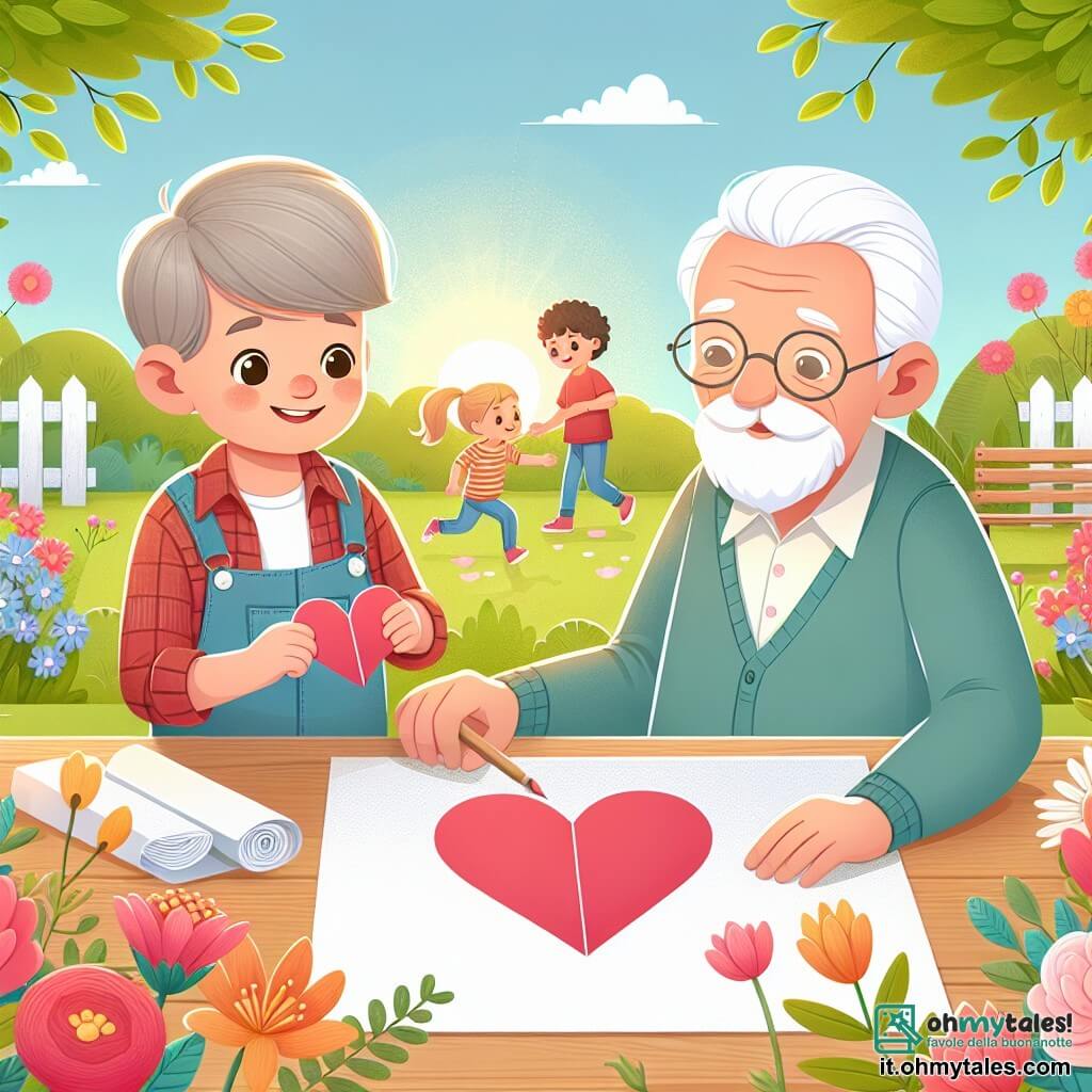 Une illustration destinée aux enfants représentant un petit garçon créant un cœur en papier pour sa maman le jour de la Saint-Valentin, accompagné d'un gentil signore âgé, dans un parc ensoleillé et fleuri avec des bancs en bois et des enfants qui jouent au loin.