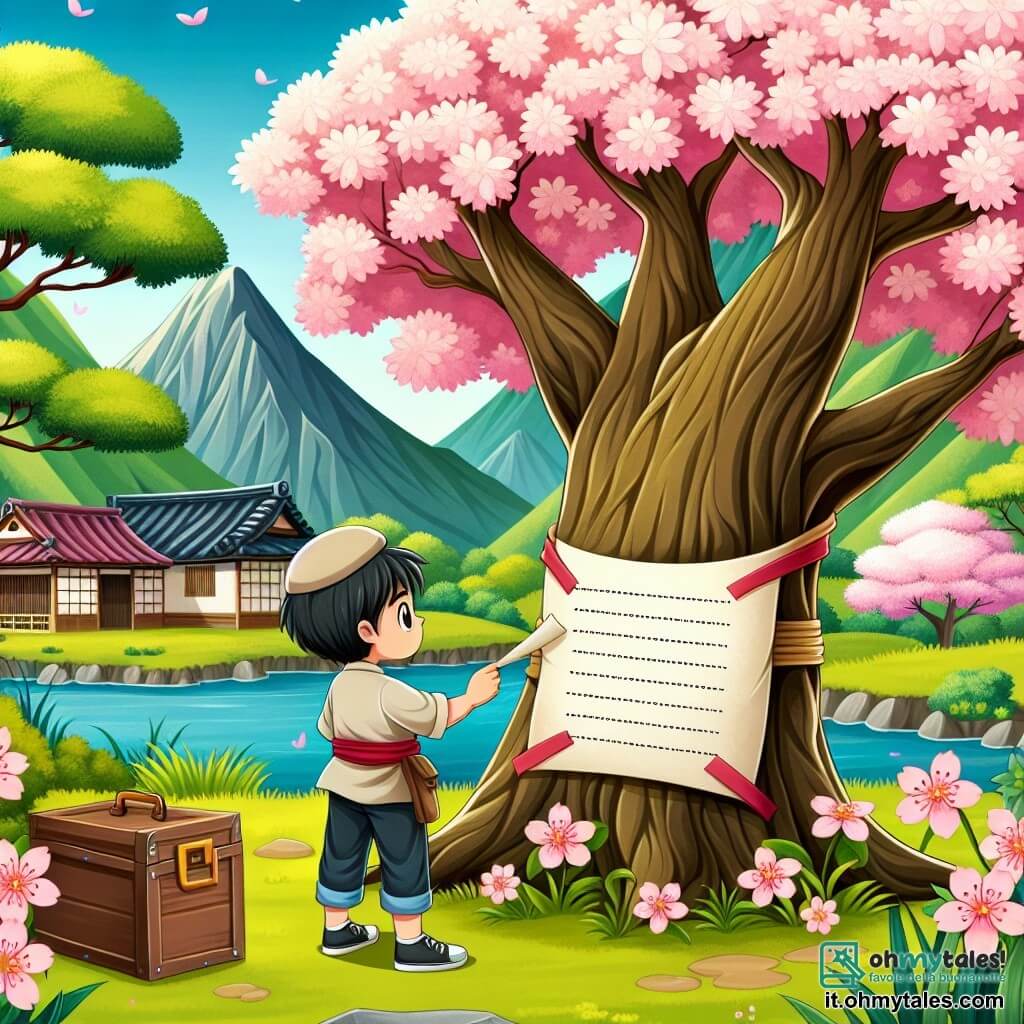Une illustration destinée aux enfants représentant un homme curieux et aventurier, se tenant devant un majestueux arbre de cerisier en fleurs, découvrant un mystérieux message attaché à son tronc, dans un paisible village niché au pied d'une montagne verdoyante, au Japon.