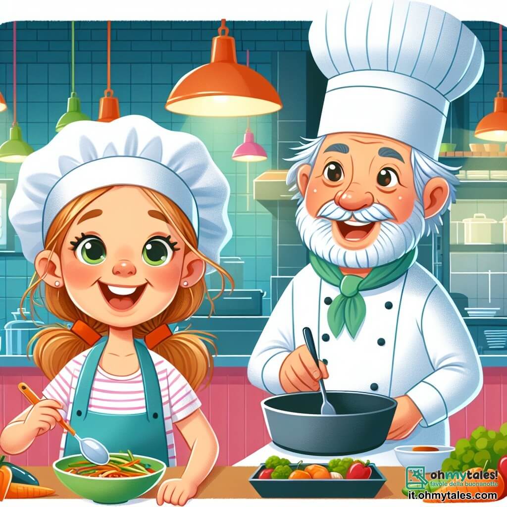 Une illustration destinée aux enfants représentant une jeune fille passionnée de cuisine qui travaille dans un ristorante colorato et animé, sous les yeux bienveillants d'un chef cuisinier âgé au chapeau.