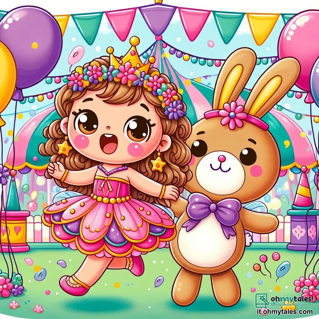 Une illustration sous forme de dessin destinée aux enfants représentant un parc coloré et festif rempli de ballons et de guirlandes, où une petite fille de 3 ans aux cheveux bouclés et aux yeux pétillants, vêtue d'un costume de fée rose et violet avec des ailes dorées, danse joyeusement en tenant la main d'un petit coniglietto de pezza aux grandes oreilles et au sourire chaleureux, alors qu'ils s'amusent ensemble lors d'une célébration de carnaval pleine de musique et de rires.