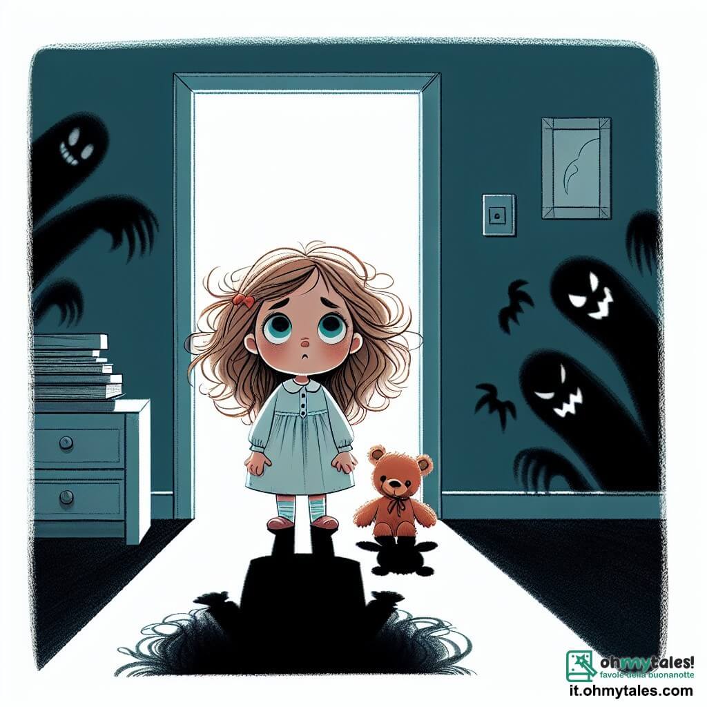 Une illustration destinée aux enfants représentant une petite fille, les yeux grands ouverts et les cheveux en bataille, debout sur le seuil de sa chambre plongée dans l'obscurité, avec pour unique compagnon un ourson en peluche, tandis que des ombres mystérieuses se dessinent dans le couloir sombre éclairé par la lueur de la lune.