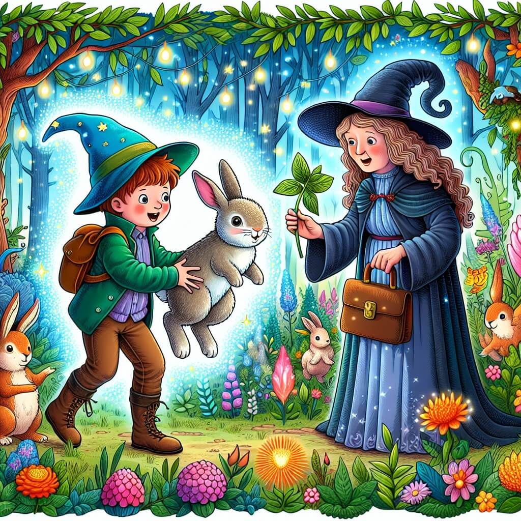 Une illustration destinée aux enfants représentant un jeune sorcier maladroit qui se transforme en lapin magique, accompagné d'une gentille sorcière, dans une forêt enchantée remplie d'arbres aux couleurs vives, de fleurs lumineuses et de créatures fantastiques.
