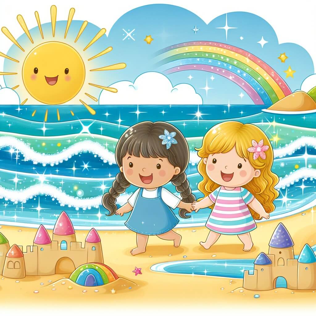 Une illustration destinée aux enfants représentant une petite fille joyeuse, accompagnée d'une amie, dans un paysage ensoleillé de plage avec des vagues bleues scintillantes et des châteaux de sable colorés.