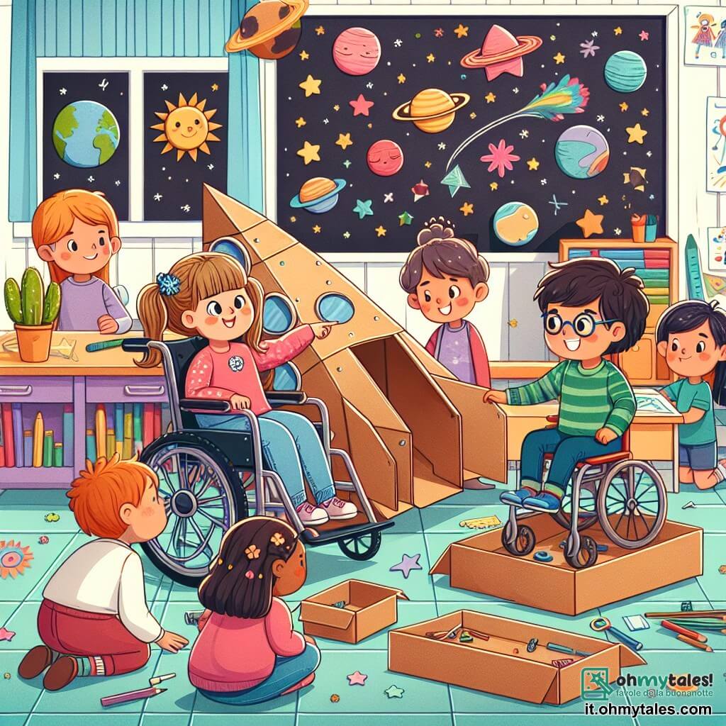 Une illustration destinée aux enfants représentant une petite fille assise dans une chaise roulante, entourée de ses amis qui construisent une magnifique fusée spatiale en carton dans une classe colorée, pleine de dessins de planètes et d'étoiles sur les murs.