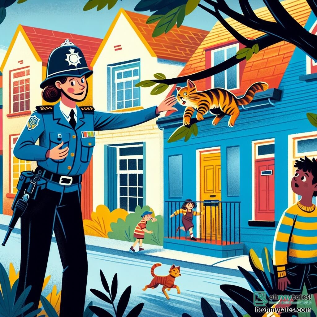 Une illustration destinée aux enfants représentant une policière courageuse en train de sauver un chat coincé sur un arbre, avec un jeune garçon admiratif à ses côtés, dans un quartier colorato et animé avec des maisons aux volets colorés et des enfants qui jouent dans la rue.