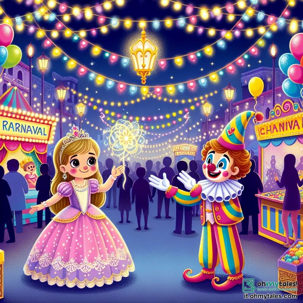 Une illustration destinée aux enfants représentant une jeune fille vêtue d'un costume de princesse, émerveillée par un clown magicien, dans une place de Carnevale colorée et animée par des guirlandes lumineuses, des stands de jeux et des ballons multicolores.