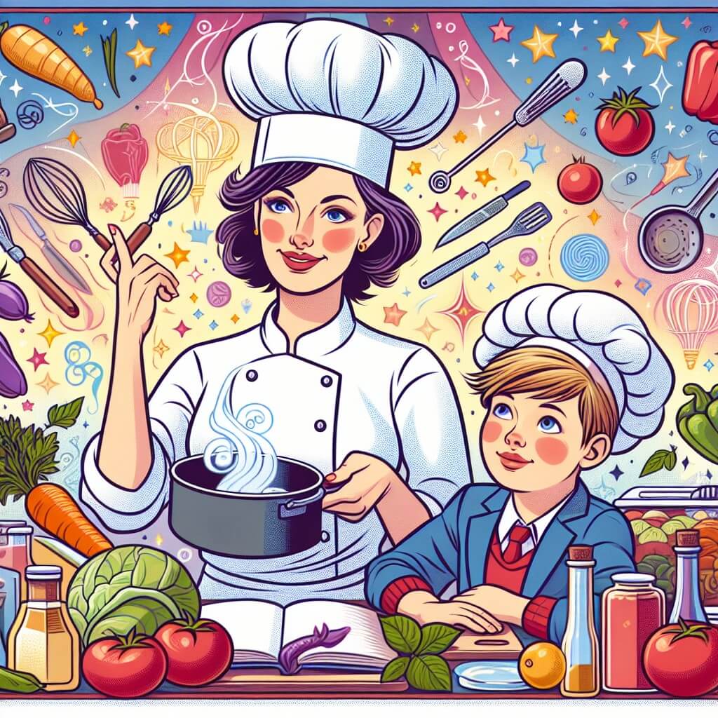 Une illustration destinée aux enfants représentant une chef cuisinière talentueuse et passionnée, accompagnée d'un jeune garçon curieux, dans un restaurant magique avec une cuisine remplie d'ustensiles colorés, d'ingrédients frais et d'arômes alléchants.