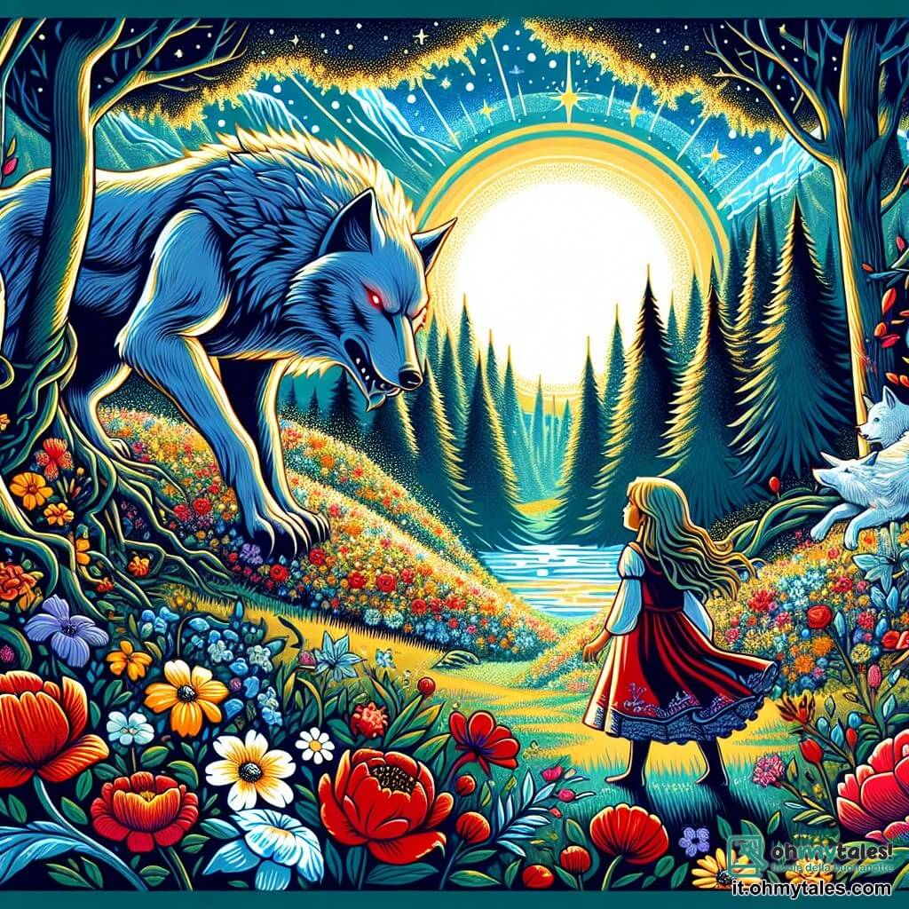 Une illustration destinée aux enfants représentant une petite fille courageuse affrontant un grand loup menaçant dans une vallée enchantée remplie de fleurs colorées et d'arbres majestueux.