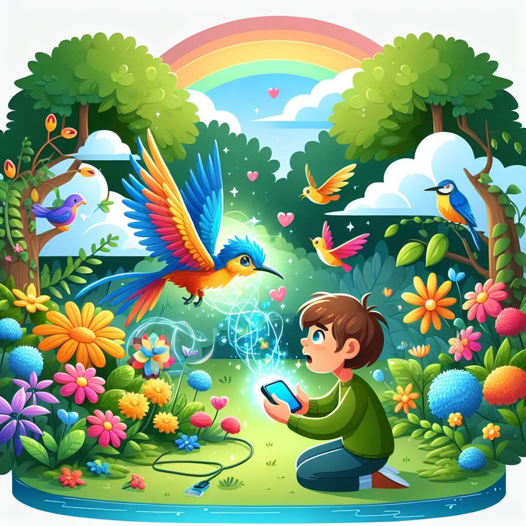 Une illustration destinée aux enfants représentant un jeune garçon passionné par les écrans, qui découvre l'importance de l'équilibre entre le monde virtuel et la nature grâce à une rencontre magique avec un oiseau coloré, dans un jardin luxuriant rempli de fleurs éclatantes et de végétation verdoyante.