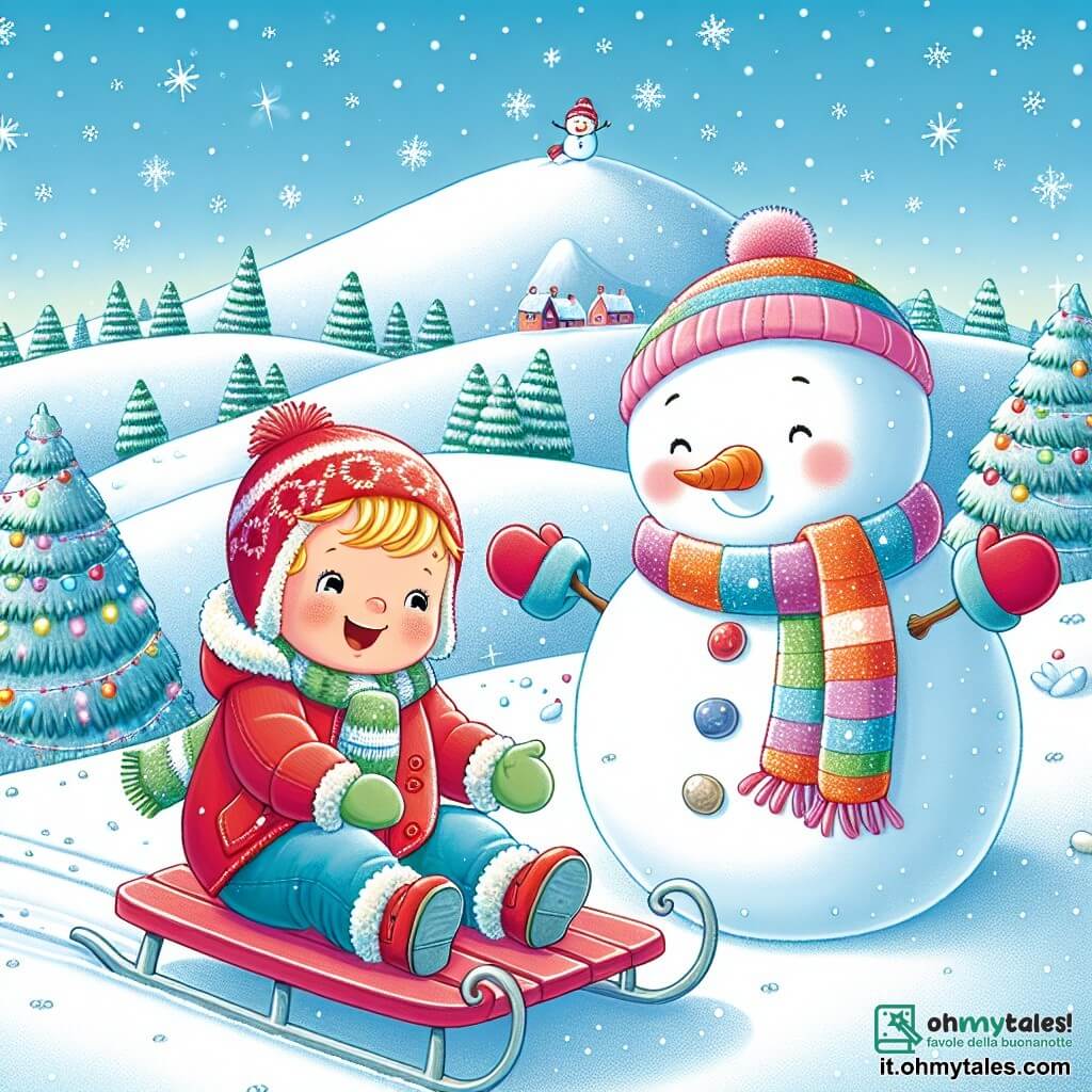 Une illustration sous forme de dessin destinée aux enfants représentant un paysage hivernal magique, avec une colline recouverte de neige scintillante sous un ciel bleu clair, où un petit garçon de 1 an, aux cheveux blonds et aux joues roses, rit joyeusement en glissant sur une luge rouge, tandis qu'une maman souriante, vêtue d'une chaude parka rose et d'une écharpe colorée, l'encourage avec tendresse, et un adorable bonhomme de neige avec une carotte pour nez et des cailloux pour yeux se tient à côté d'eux, ajoutant une touche de magie à cette scène de bonheur familial en hiver.