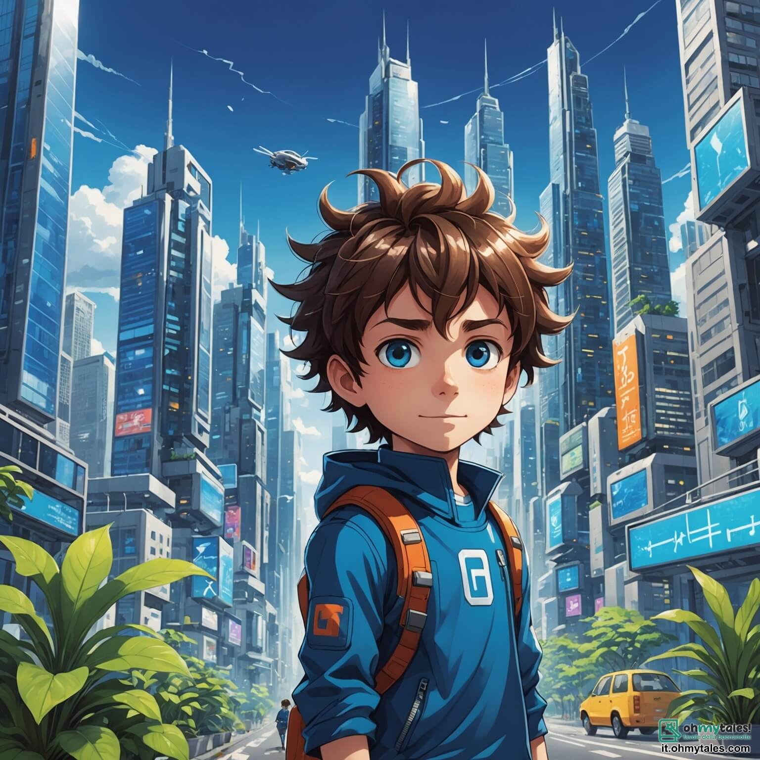 Une illustration destinée aux enfants représentant un garçon aux cheveux ébouriffés et aux yeux pétillants, curieux et intrépide, qui se trouve dans une ville futuriste aux gratte-ciels scintillants, où des voitures volantes glissent dans un ciel bleu azur, tandis qu'un robot amical, à la forme carrée et au visage souriant, l'accompagne dans sa quête pour sauver une petite plante menacée par une tempête dans le parc central, un espace verdoyant rempli de fleurs colorées et d'arbres majestueux.