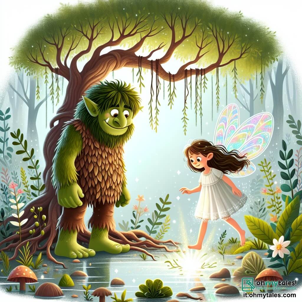 Illustrazione che rappresenta una palude magica, avvolta in una leggera nebbia bianca. Le piante sono alte e lussureggianti, con foglie lucenti che brillano come stelle sotto la luce del sole. Al centro, un grande albero maestoso si erge, le sue radici nodose si estendono sul terreno. Un troll, alto e un po' goffo, si trova vicino all'albero. Ha una pelle verde e rugosa, occhi dolci e rotondi, e un ampio sorriso che illumina il suo volto. Indossa una tunica fatta di foglie e rami, e sembra preoccupato, guardando verso il suolo dove una luce brillante emerge dalle radici dell'albero. Accanto a lui, una giovane ragazza di circa otto anni, con ali delicate colorate come un arcobaleno, vola leggermente sopra il suolo. Ha lunghi capelli ondulati e un piccolo sorriso determinato sul volto. Indossa un vestito fatto di petali di fiori, e tende la mano verso la luce, pronta ad agire. La situazione principale mostra il troll e la giovane ragazza uniti nella loro ricerca di una gemma magica, con espressioni di coraggio e determinazione. Scintillii di luce brillano intorno a loro, e l'atmosfera è piena di magia e avventura.