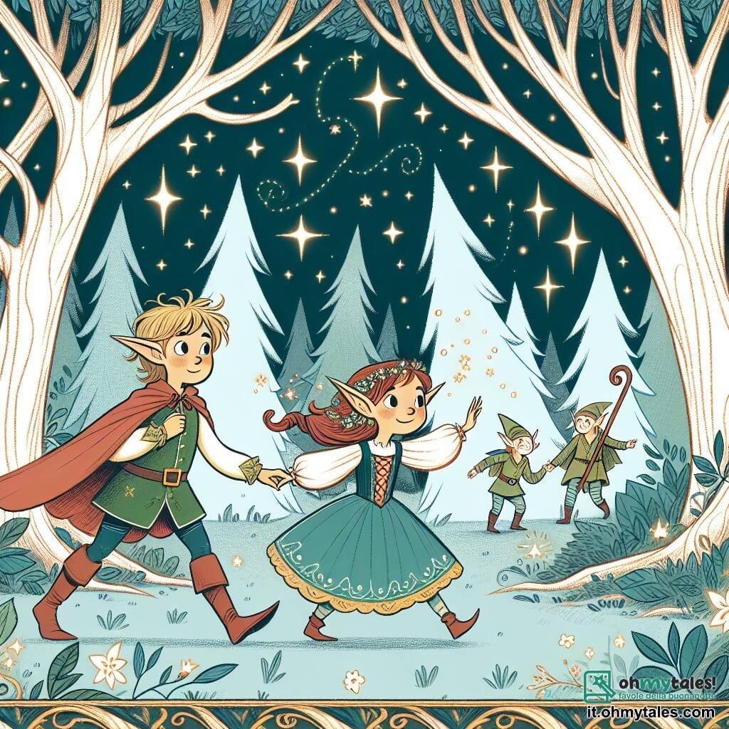 Une illustration destinée aux enfants représentant une jeune elfe courageuse découvrant un monde enchanté avec l'aide d'un elfe garçon protecteur, dans une forêt magique aux arbres dansants et aux étoiles scintillantes.