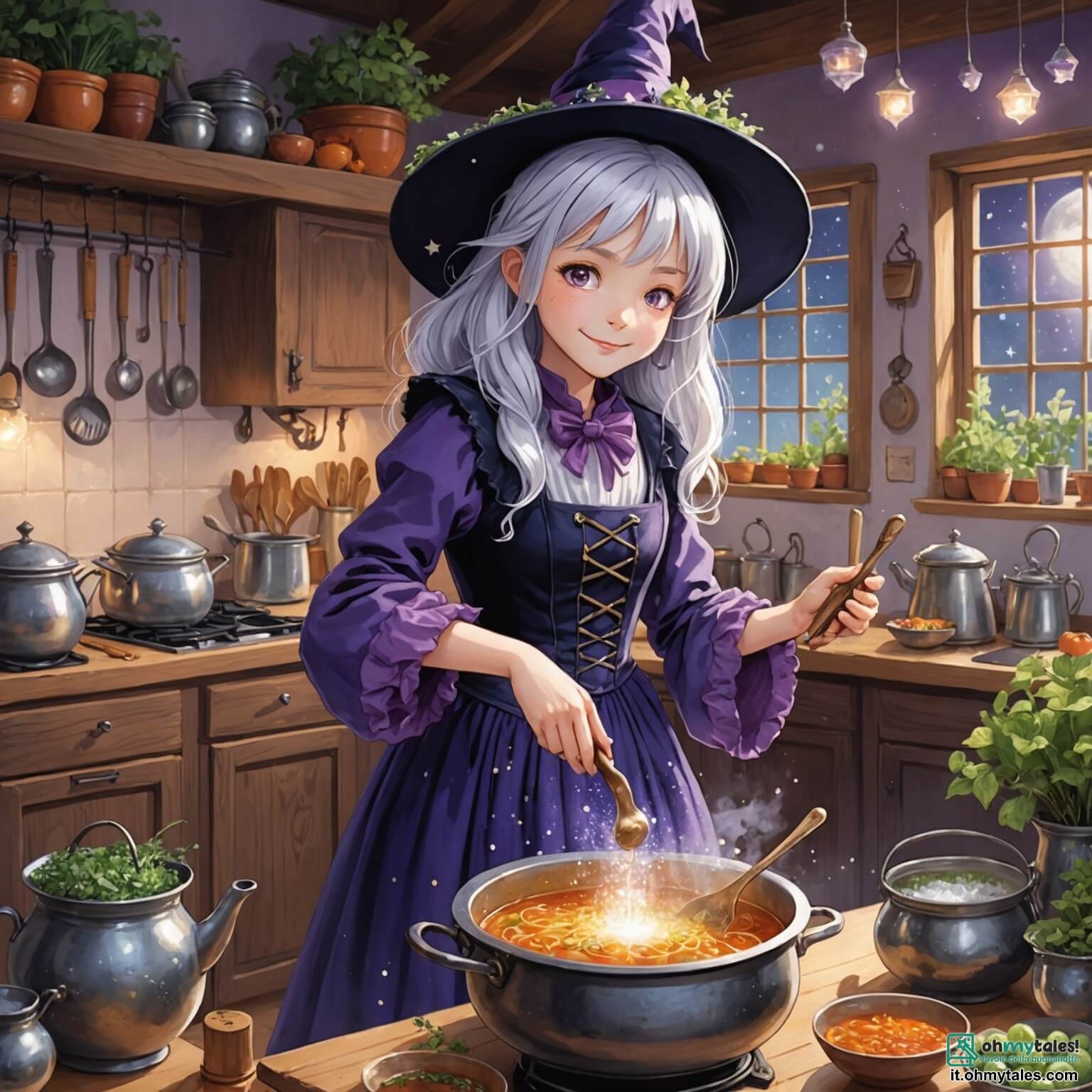 Une illustration destinée aux enfants représentant une sorcière pétillante aux cheveux blancs comme la neige, vêtue d'une robe violette parsemée d'étoiles scintillantes, se tenant dans sa cuisine remplie de chaudrons bouillonnants et d'herbes odorantes, où elle concocte une soupe magique tout en étant rejointe par une petite fille curieuse aux yeux brillants, qui rêve de créer un festival de rires et de magie dans un village coloré, entouré de fleurs chantantes et d'arbres dansants, tandis qu'un sage hibou aux plumes dorées les observe depuis une branche, prêt à partager ses conseils enchantés.