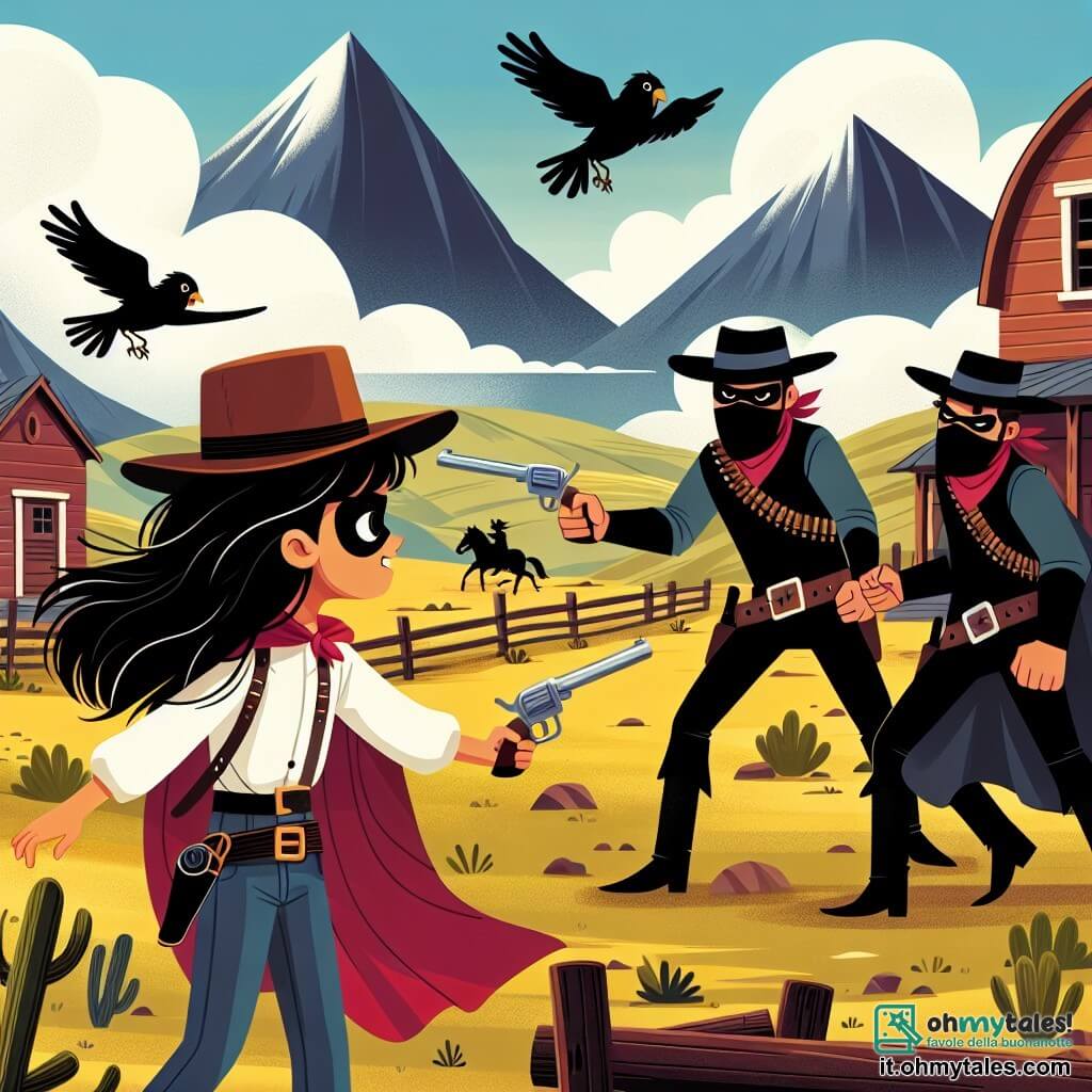 Une illustration destinée aux enfants représentant une courageuse cowgirl aux cheveux corvins, affrontant des bandits masqués dans un ranch situé au cœur des collines ondoyantes du Wild West.