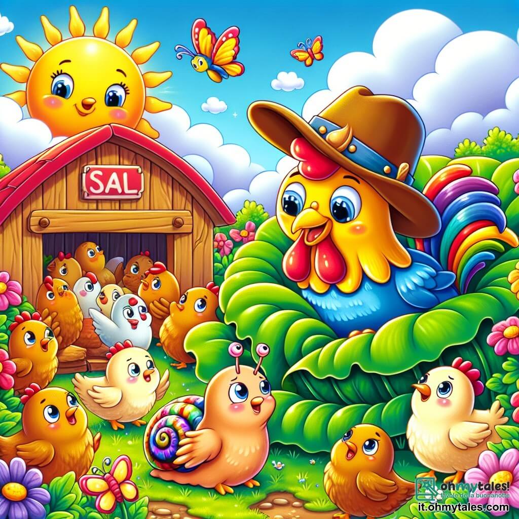 Illustrazione che rappresenta un affascinante pollaio soleggiato, circondato da fiori colorati e da una lussureggiante vegetazione. Al centro, una piccola lumaca dai colori vivaci, con un guscio arcobaleno, si erge orgogliosamente su una grande foglia di lattuga, le antenne sollevate con curiosità. Nelle vicinanze, un gruppo di galline dalle piume dorate e brune, con occhi scintillanti, si agitano attorno a un gallo dal piumaggio splendente, che indossa un grande cappello da cowboy. La lumaca sembra determinata, pronta ad aiutare i suoi amici a ritrovare il cappello perso, mentre le galline cinguettano di eccitazione. Sullo sfondo, i raggi di sole illuminano la scena, creando un'atmosfera gioiosa e vivace, con farfalle che svolazzano e nuvole soffici in un cielo azzurro chiaro.