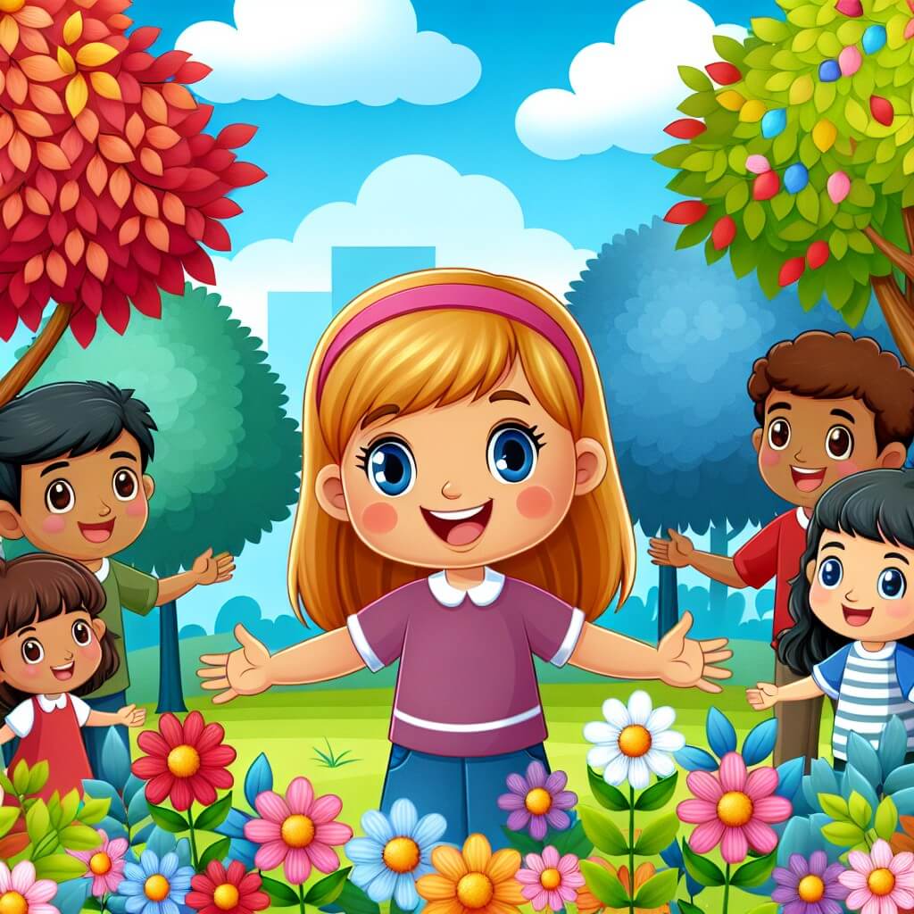 Une illustration destinée aux enfants représentant une jeune fille souriante, entourée de ses amis, dans un parc en fleurs avec des arbres aux feuilles colorées et un magnifique ciel bleu.