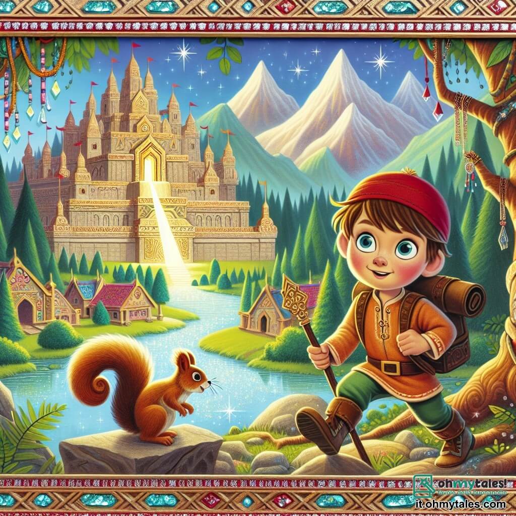 Une illustration destinée aux enfants représentant un jeune garçon intrépide, découvrant un mystérieux temple au cœur d'une forêt enchantée, accompagné d'un écureuil espiègle, dans le village coloré de Soleluna, entouré de montagnes majestueuses et de rivières scintillantes.