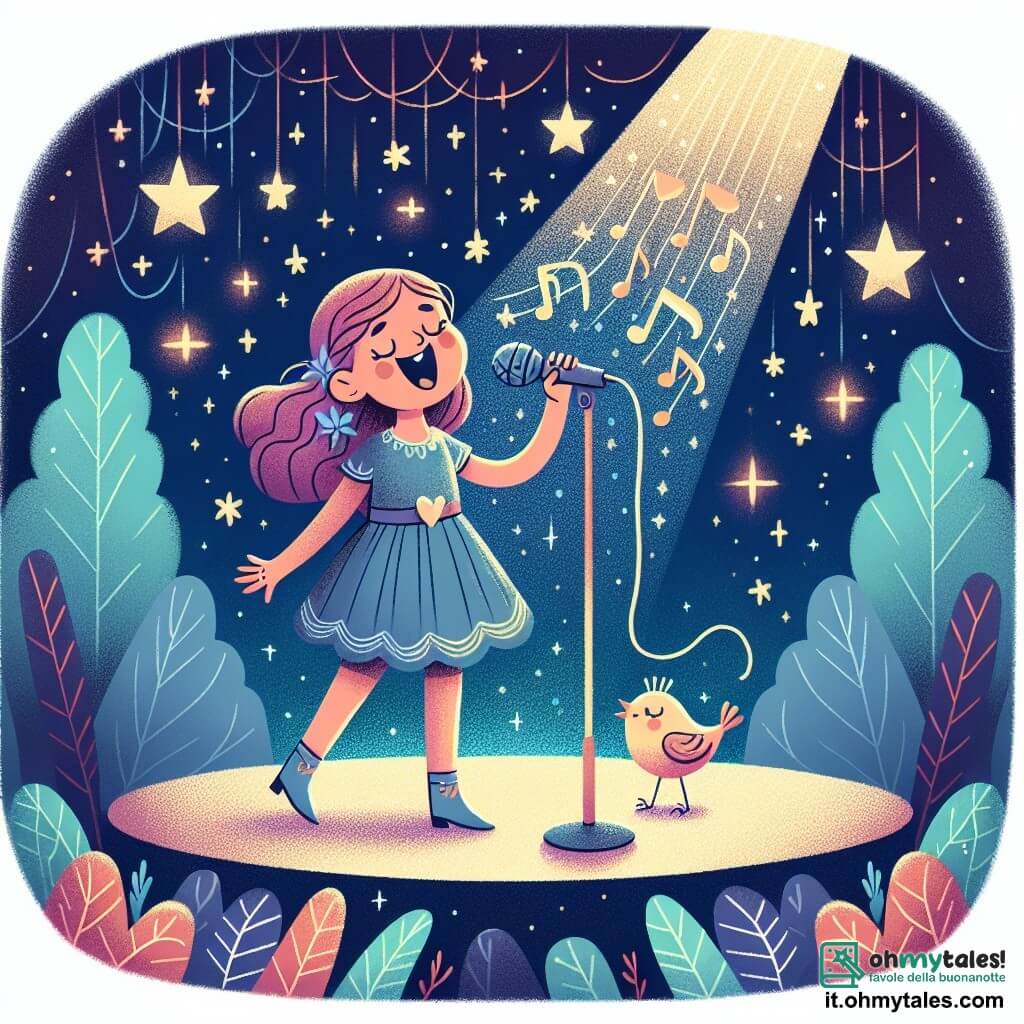 Une illustration destinée aux enfants représentant une jeune chanteuse passionnée interprétant sa chanson préférée lors d'un concert magique, accompagnée par un petit oiseau mélodieux, sur une scène scintillante illuminée par des étoiles dans une forêt enchantée.