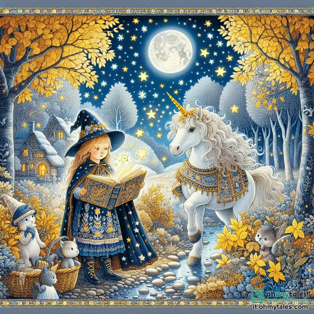 Une illustration destinée aux enfants représentant une apprentie sorcière passionnée par la magie, découvrant un mystérieux manuel magique, accompagnée d'un unicorne lumineux, dans un village entouré de bosquets enchantés aux arbres aux feuilles d'or scintillant sous la lueur argentée de la pleine lune.