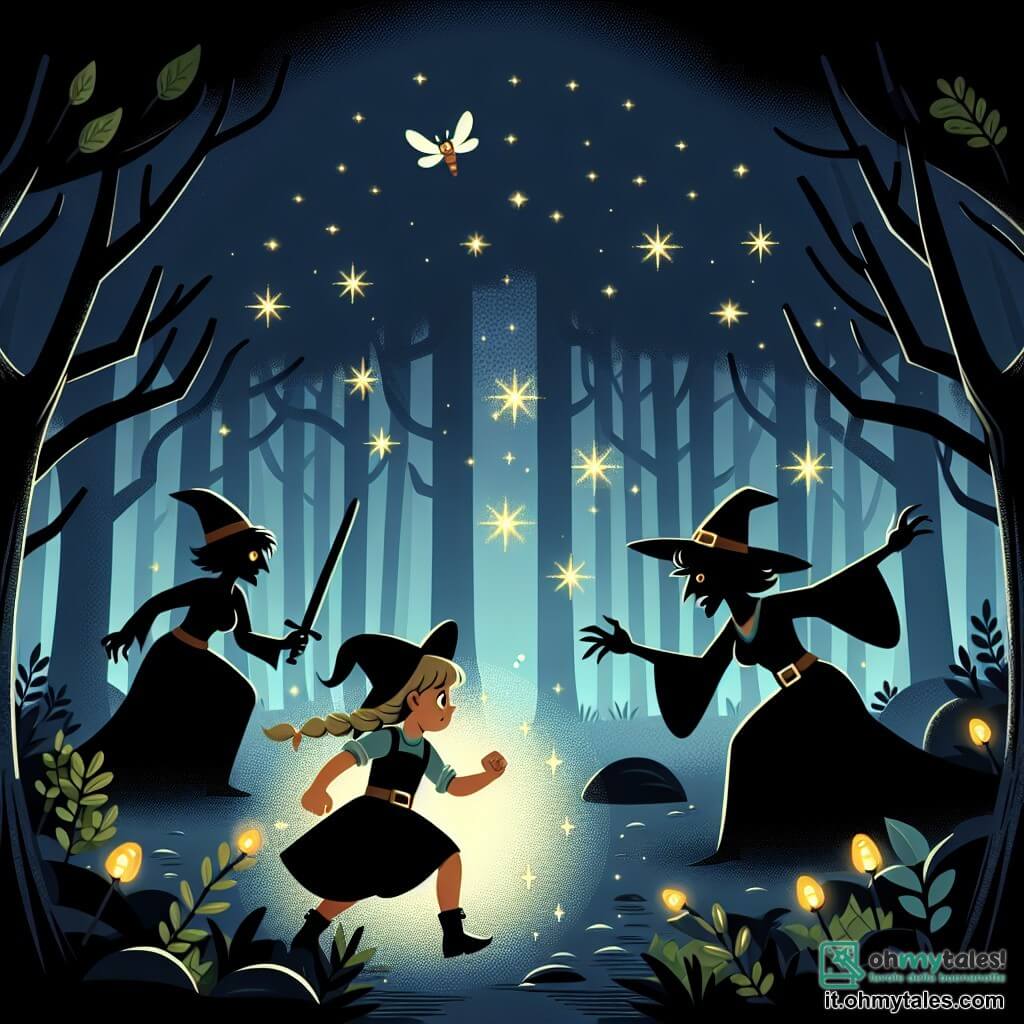 Une illustration destinée aux enfants représentant une jeune sorcière courageuse affrontant une sorcière maléfique dans une forêt enchantée illuminée par des lucioles scintillantes.