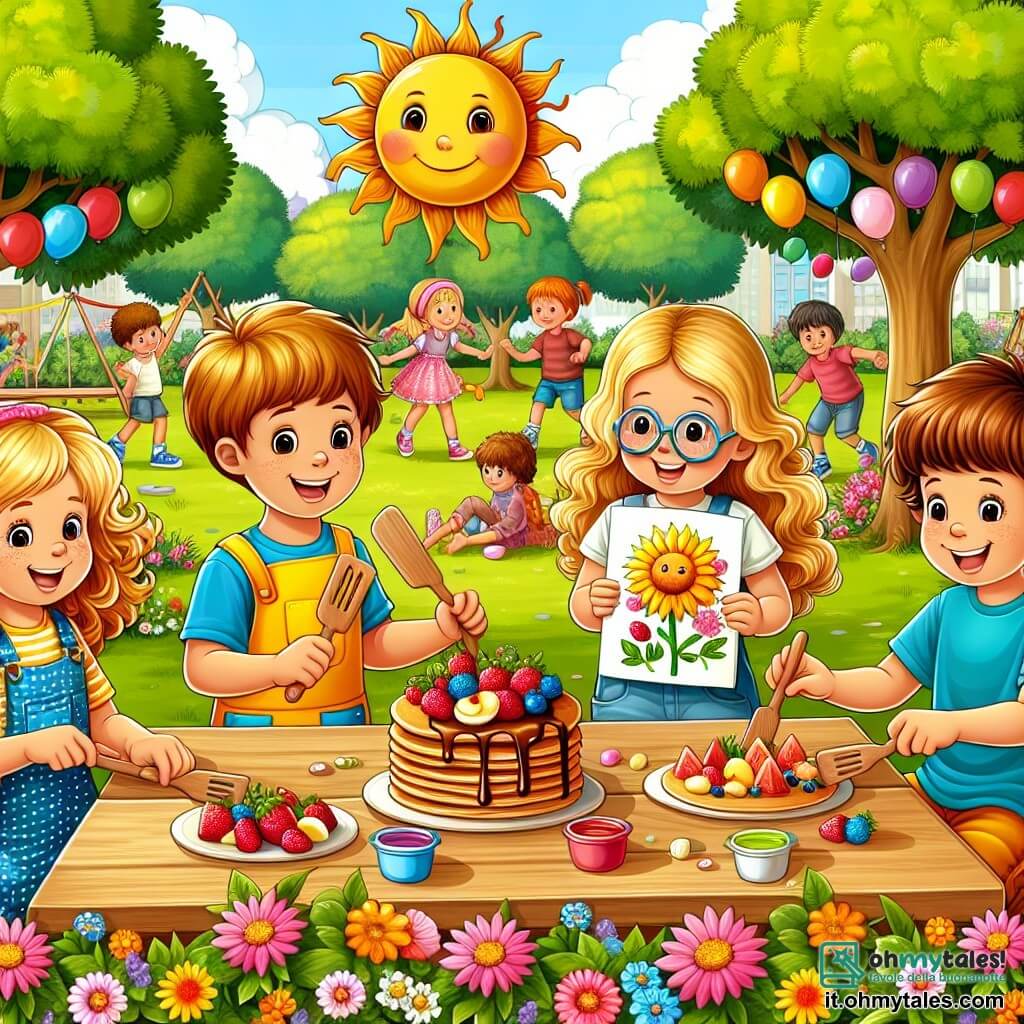 Illustrazione che rappresenta un parco soleggiato in estate, pieno di fiori colorati e alberi verdi. Al centro, un gruppo di quattro bambini è riunito attorno a un grande tavolo di legno, decorato con pancake alla frutta. Due ragazze di circa nove anni, con capelli ricci e lucenti: una indossa un vestito giallo a pois e l'altra una maglietta blu con pantaloni corti. Ridono e si divertono, tenendo delle spatole di legno. Un ragazzo, anch'esso di nove anni, con occhiali rotondi e capelli castani, sta mostrando con orgoglio il suo disegno di sole, mentre un'altra ragazza, con capelli lisci e lunghi, ammira la sua opera. Sullo sfondo, altri bambini giocano e palloni colorati fluttuano nell'aria, creando un'atmosfera gioiosa e festosa.