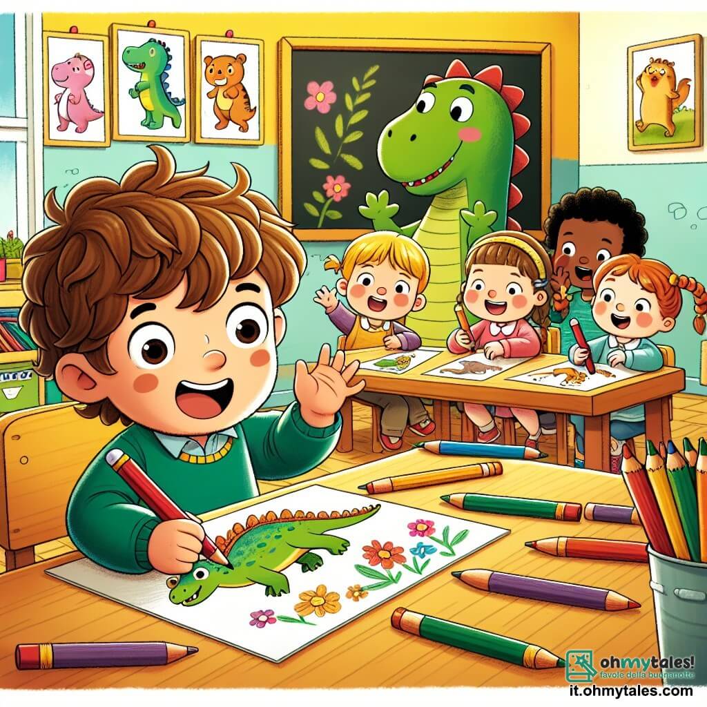 Illustrazione che rappresenta un'aula luminosa e colorata, con pareti dipinte di giallo e disegni di animali appesi. Al centro, un bambino di 3 anni, con capelli ricci castani e grandi occhi curiosi, è seduto a un tavolo di legno, tenendo una matita rossa. Disegna con concentrazione un grande dinosauro verde, adornato con un cappello rosso e circondato da fiori colorati. Intorno a lui, diversi bambini di 3-4 anni, tra cui una bambina con capelli biondi intrecciati e un ragazzo con capelli castani corti, osservano con interesse il suo disegno. La bambina sorride, mentre il ragazzo alza le mani in aria, imitando un dinosauro con entusiasmo. La scena principale mostra il ragazzo, inizialmente un po' nervoso, che acquista fiducia aggiungendo dettagli divertenti al suo disegno, mentre i suoi compagni lo incoraggiano. Matite di diversi colori sono sparse sul tavolo e una grande lavagna nera sullo sfondo mostra disegni di animali, creando un'atmosfera gioiosa e accogliente.