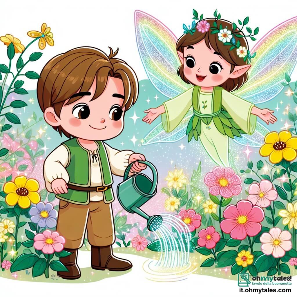 Une illustration sous forme de dessin destinée aux enfants représentant un jardin enchanté rempli de fleurs colorées et scintillantes, où un jeune homme aux cheveux bruns et aux yeux pétillants, vêtu d'une tunique verte, arrose avec soin des plantes tout en chantant joyeusement, tandis qu'une douce fée aux ailes lumineuses et au sourire bienveillant l'observe avec admiration, le tout dans une atmosphère magique et lumineuse, symbolisant l'amour et la croissance.