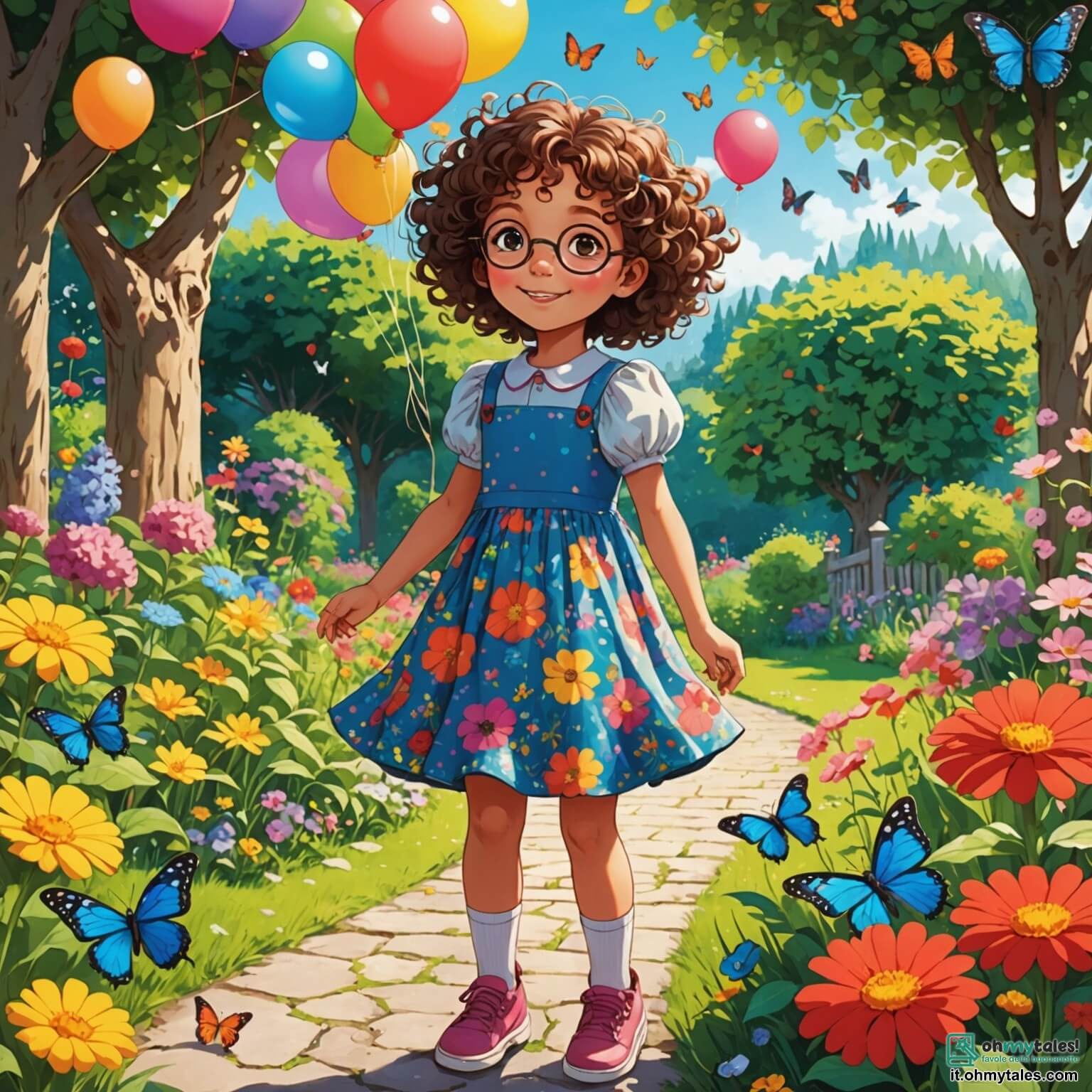 Une illustration destinée aux enfants représentant une petite fille aux cheveux bouclés et aux yeux pétillants, vêtue d'une robe à fleurs, qui se tient avec détermination au milieu d'un jardin coloré rempli de fleurs éclatantes et de papillons virevoltants, tandis qu'elle cherche son précieux ballon rouge disparu, accompagnée de son ami, un garçon aux lunettes rondes et au sourire malicieux, sous l'ombre d'un grand chêne majestueux dont les branches s'étendent comme des bras protecteurs.